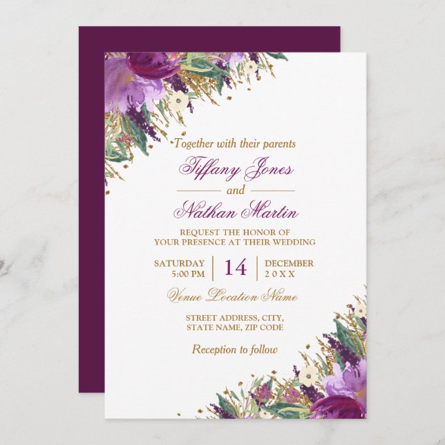 Floral Watercolor Sparkling Amethyst Wedding Invitation (Front/Back)