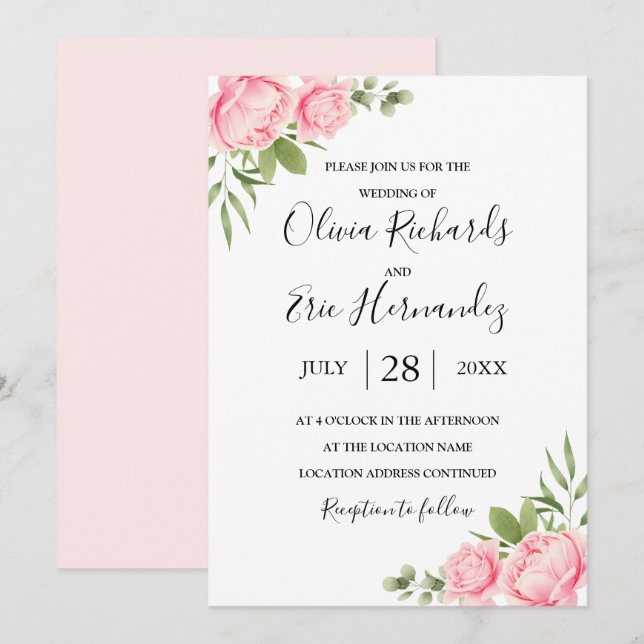 Floral watercolor spring / summer rose wedding invitation (Front/Back)