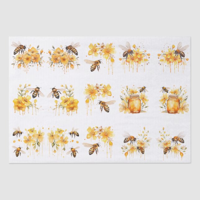 Floral Watercolor Summer Honey Bees Decoupage Tissue Paper (Front)