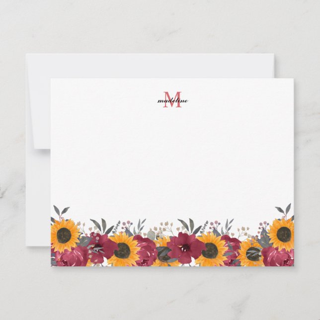 Floral Watercolor Sunflower Burgundy Monogram Card (Front)
