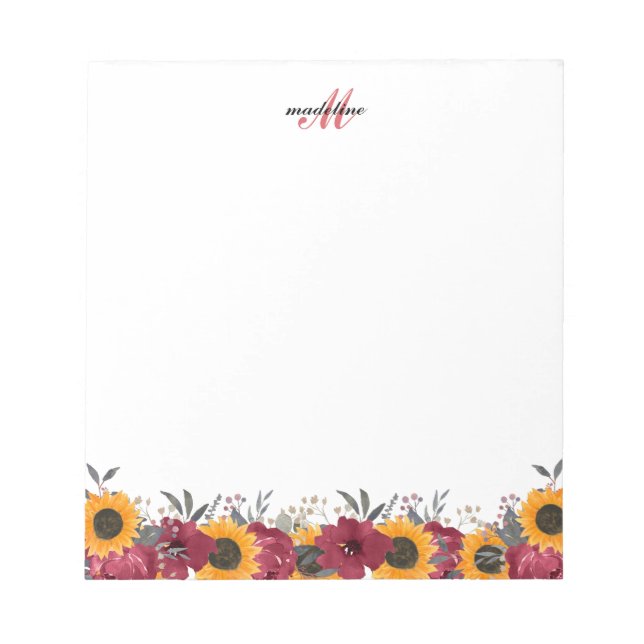 Floral Watercolor Sunflower Burgundy Monogram Note (Front)