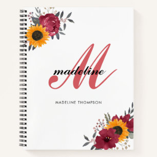 Floral Watercolor Sunflower Burgundy Monogram Notebook