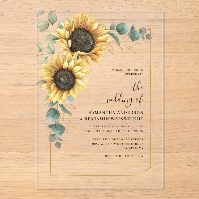 Floral Watercolor Sunflower Wedding Acrylic Invitations (Front)