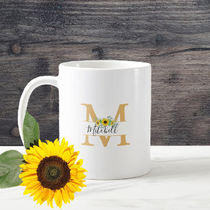 Floral Watercolor Sunflowers Monogram Name Coffee Mug