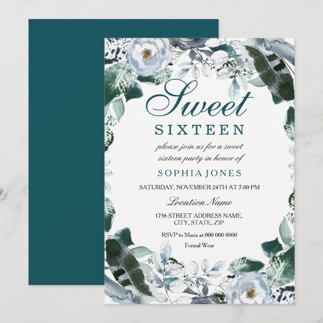 Floral Watercolor Teal Green Sweet 16 Party Invite (Front/Back)