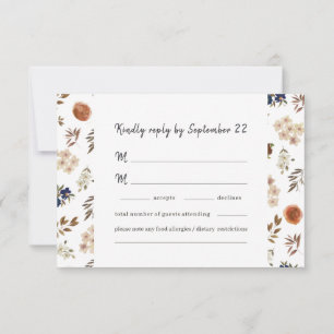 Floral Watercolor Terra cotta Blue Wedding RSVP Card