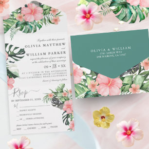 Floral Watercolor Tropical Greenery Budget Wedding All In One Invitation