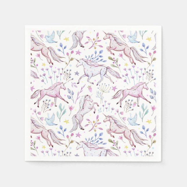 Floral Watercolor Unicorn Pattern Napkin (Front)