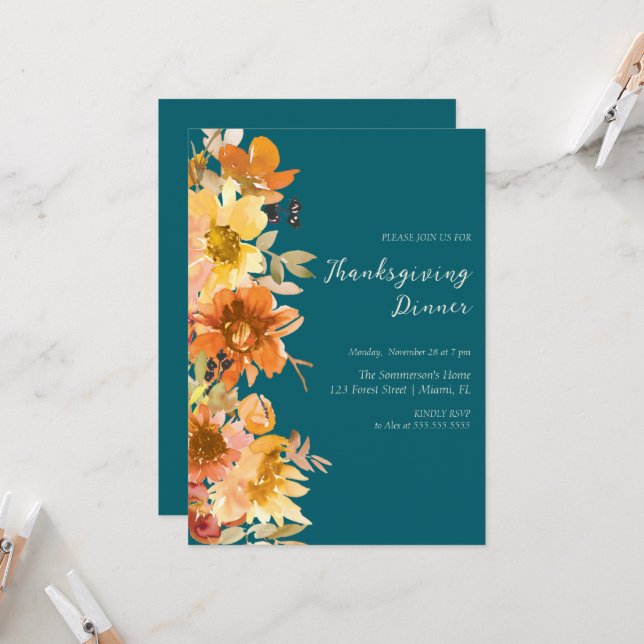 Floral Watercolor Warm Blue Give Thanks Dinner  Invitation (Front/Back In Situ)