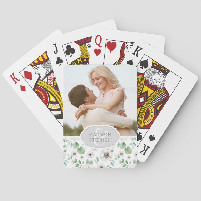 Floral Watercolor | White Anemone - Wedding Photo Playing Cards (Back)