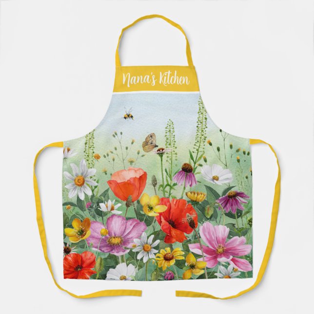 Floral watercolor wild flower personalized name  apron (Front)