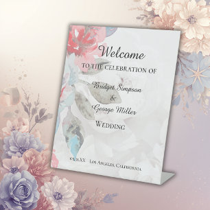 Floral watercolor wildflower rose wedding welcome pedestal sign