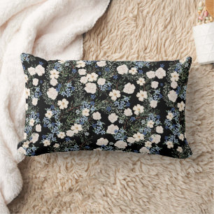 Floral Watercolor Wildflowers Pink Blue Leaves Lumbar Pillow