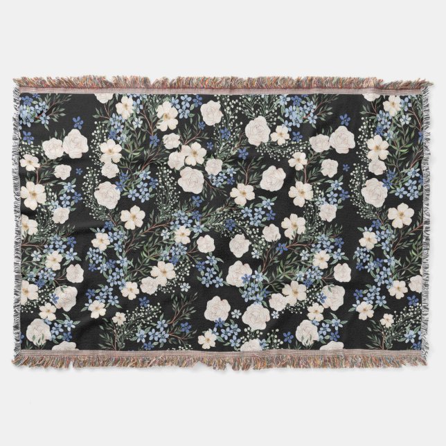Floral Watercolor Wildflowers Pink Blue Leaves Throw Blanket (Front)