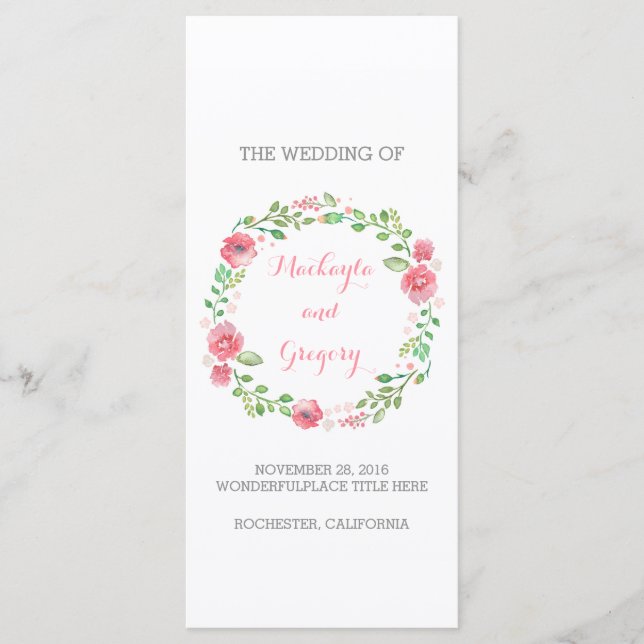 Floral Watercolor Wreath Elegant Wedding Programs (Front)