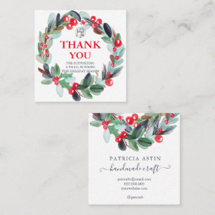 floral watercolor wreath holly red blue thank you square business card