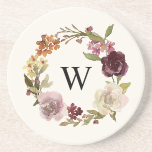 Floral Watercolor Wreath Monogram Beige Coaster