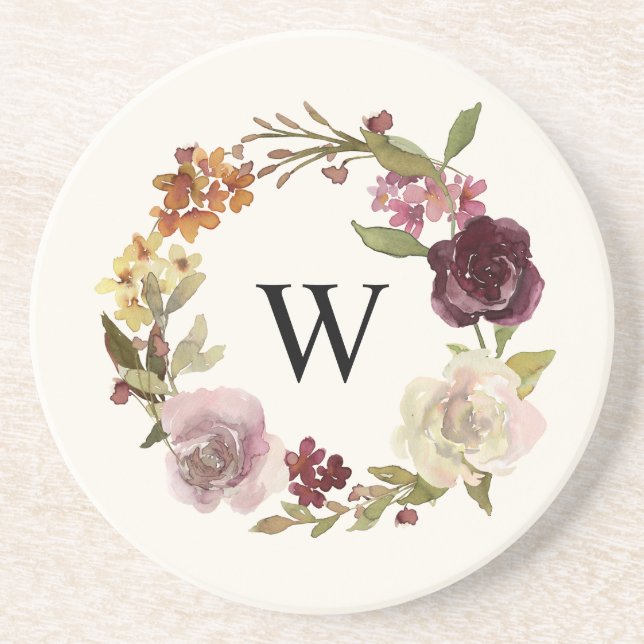 Floral Watercolor Wreath Monogram Beige Coaster (Front)