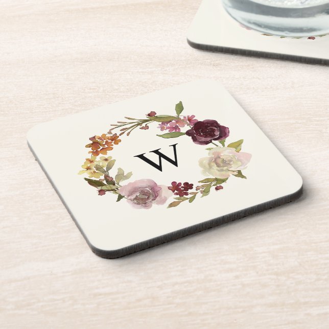 Floral Watercolor Wreath Monogram Beige Coaster (Left Side)