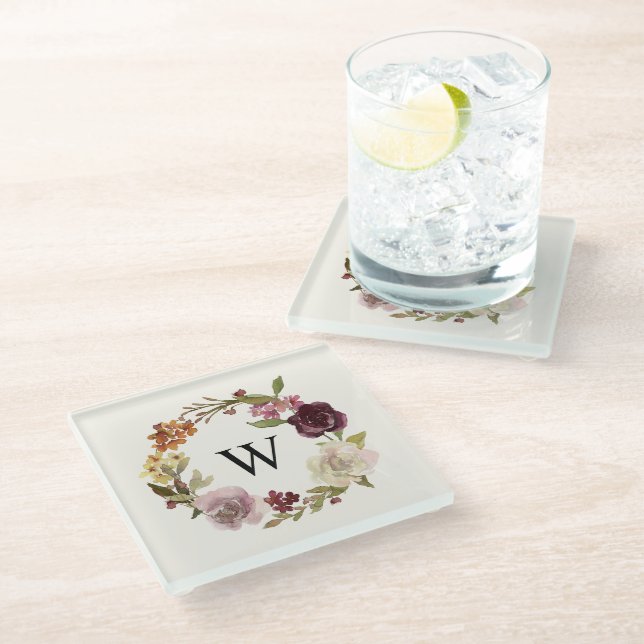 Floral Watercolor Wreath Monogram Beige Glass Coaster (Angled)