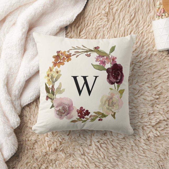 Floral Watercolor Wreath Monogram Beige Throw Pillow (Blanket)