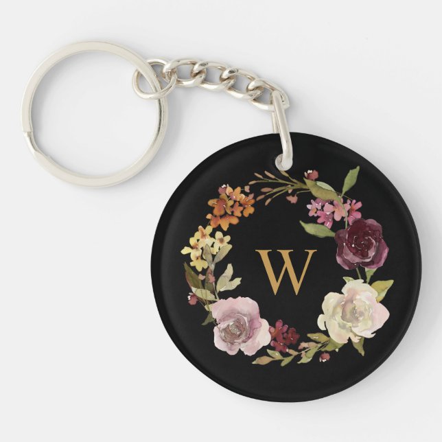 Floral Watercolor Wreath Monogram Black Keychain (Front)