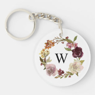Floral Watercolor Wreath Monogram White Keychain