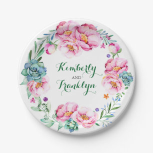 floral watercolor wreath pink succulents boho paper plate