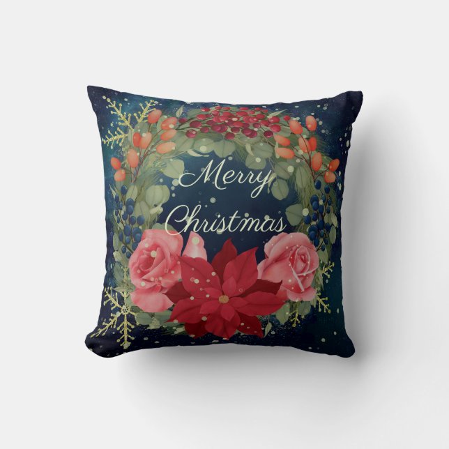 Floral watercolor wreath poinsettia and roses throw pillow (Front)
