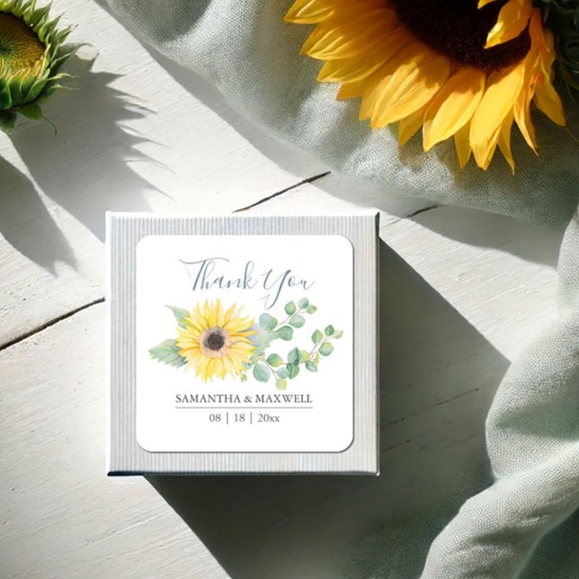 Floral Watercolor Yellow Sunflower Favour Stickers (Thank you stickers watercolor sunflower and eucalyptus art by Victoria Grigaliunas, Do Tell A Belle)