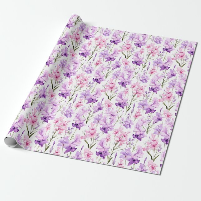 Floral watercolour - Pink and Purple Gladiolas Wrapping Paper (Unrolled)