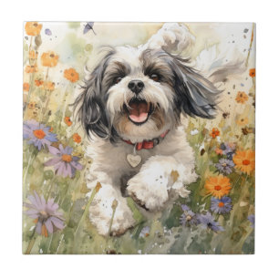 Floral Watercolour Shih Tzu running through flower Tile