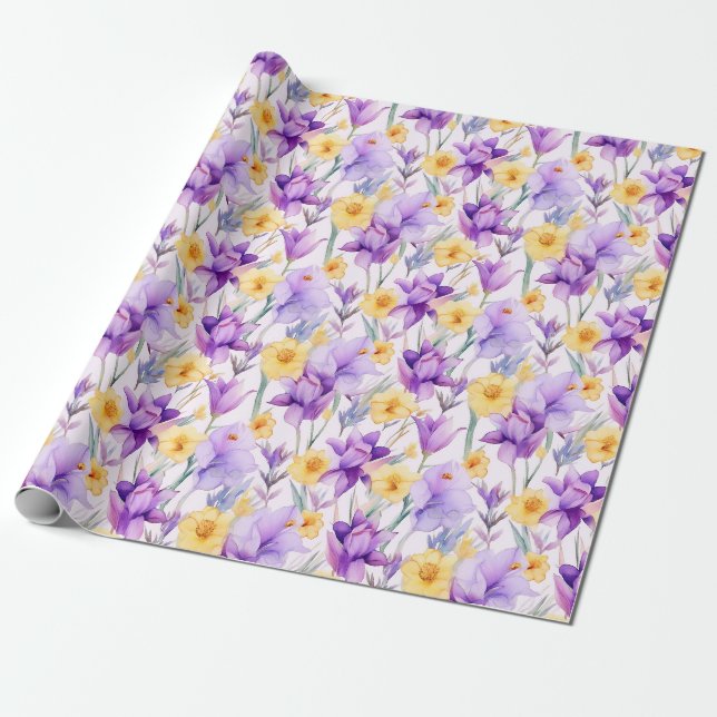 Floral watercolour - Yellow and Purple - Daffodils Wrapping Paper (Unrolled)