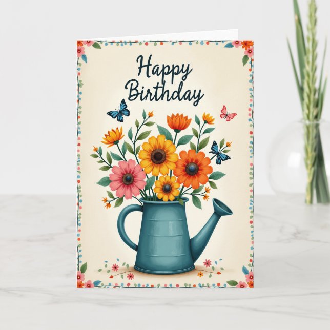 Floral Watering Can Birthday Card (Front)