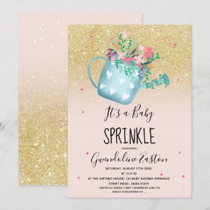 Floral watering can gold baby sprinkle shower invitation