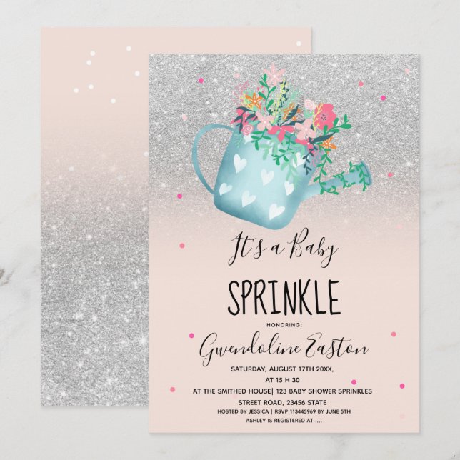 Floral watering can silver baby sprinkle shower invitation (Front/Back)