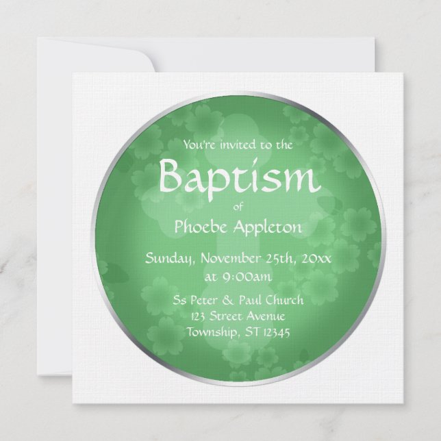 Floral Watermark Jade Green Baptism Invitations (Front)