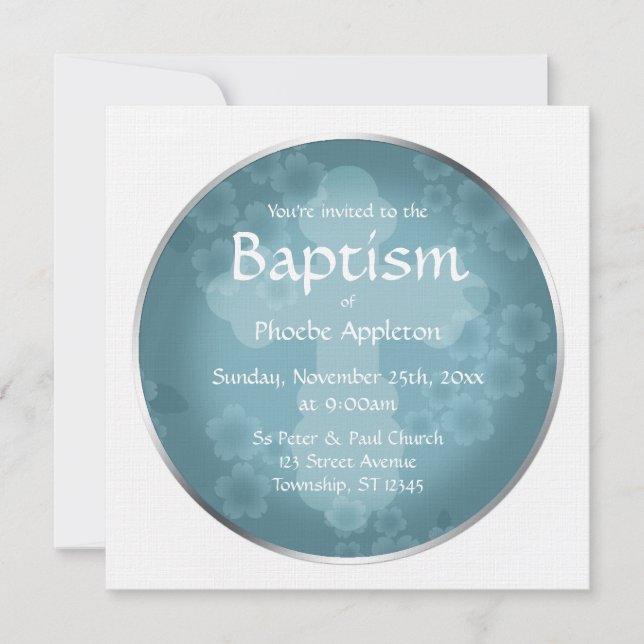 Floral Watermark Slate Blue Baptism Invitations (Front)