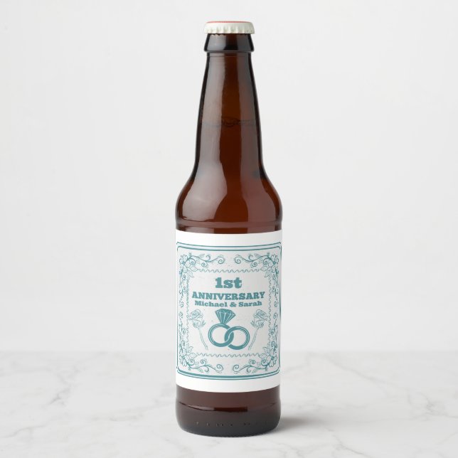 Floral wedding Anniversary Customizable year Beer Bottle Label (Front)