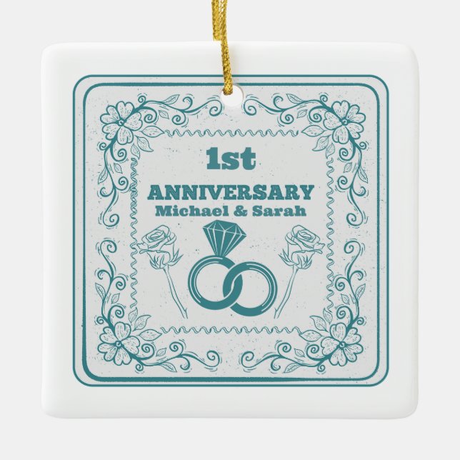 Floral wedding Anniversary Customizable year Ceramic Ornament (Front)