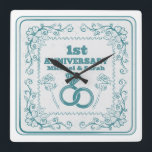 Floral wedding Anniversary Customizable year Square Wall Clock<br><div class="desc">A romantic design for a husband and wife on their wedding anniversary. This design has linked wedding rings and roses. The date can be customised to suit the year of your anniversary.</div>