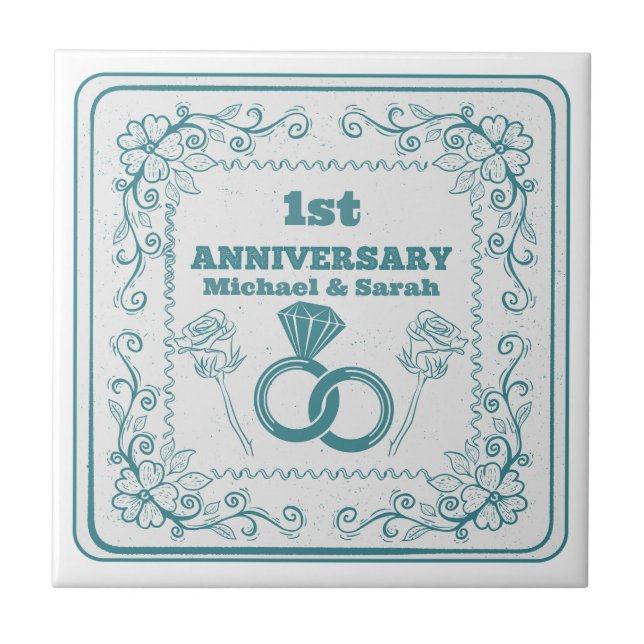 Floral wedding Anniversary Customizable year Tile (Front)