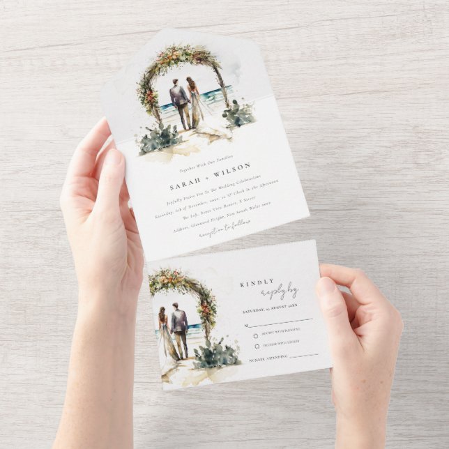Floral Wedding Arch Coastal Beach Seascape Wedding All In One Invitation (Tearaway)