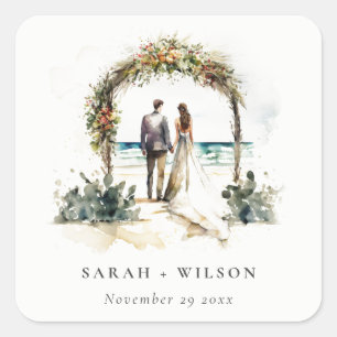 Floral Wedding Arch Coastal Beach Seascape Wedding Square Sticker
