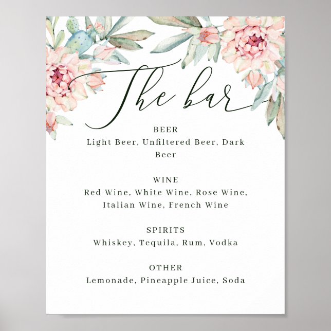 Floral Wedding Bar Menu Sign. Watercolor Botanical Poster (Front)