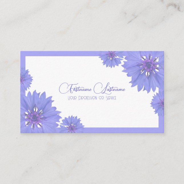 Floral wedding blue cornflower calligraphy QR-Code Business Card (Front)