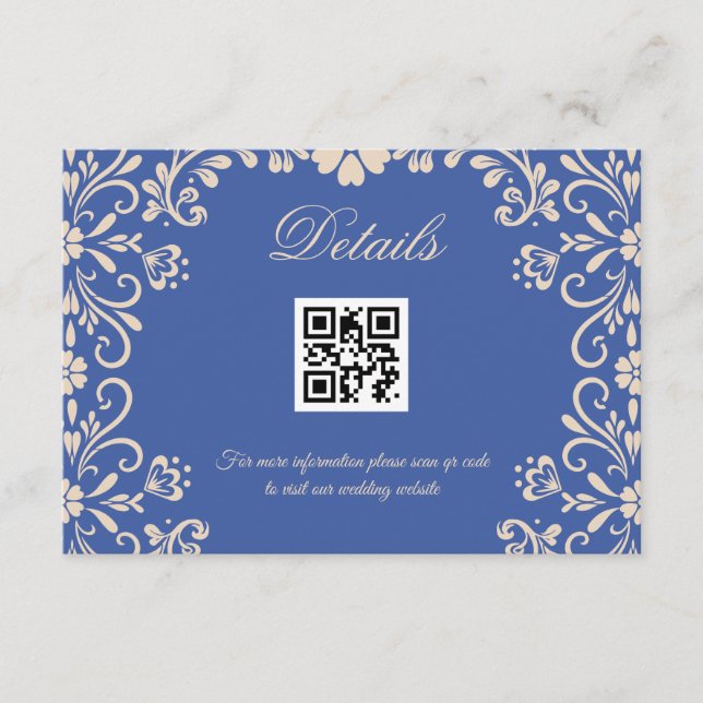 Floral Wedding Blue Qr code Details Enclosure Card (Front)