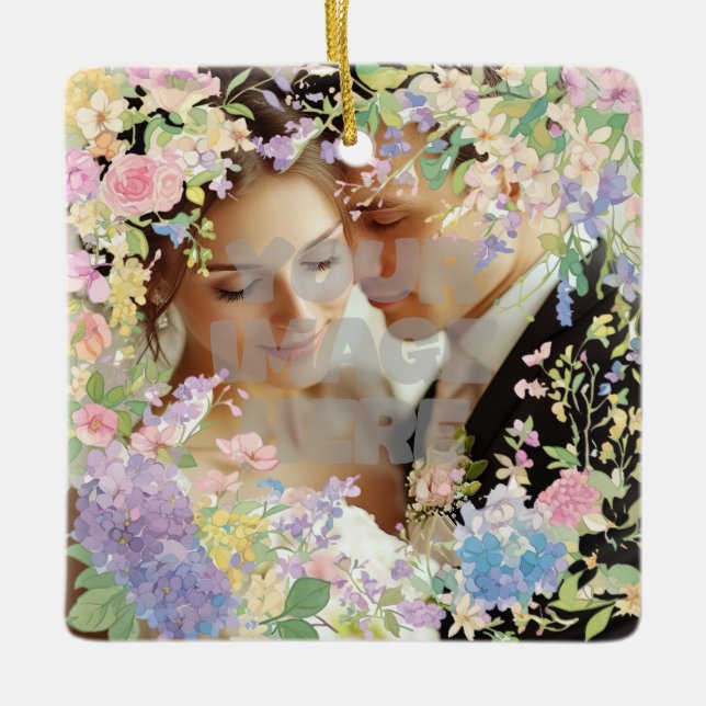 Floral Wedding Border Customizable Image Ceramic Ornament (Front)