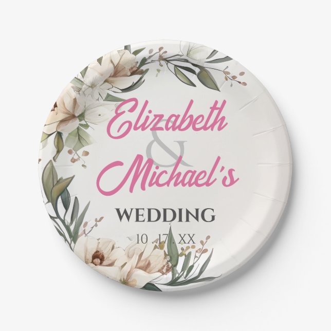 Floral Wedding Botanical Sketch Drawing Customize Paper Plate (Front)