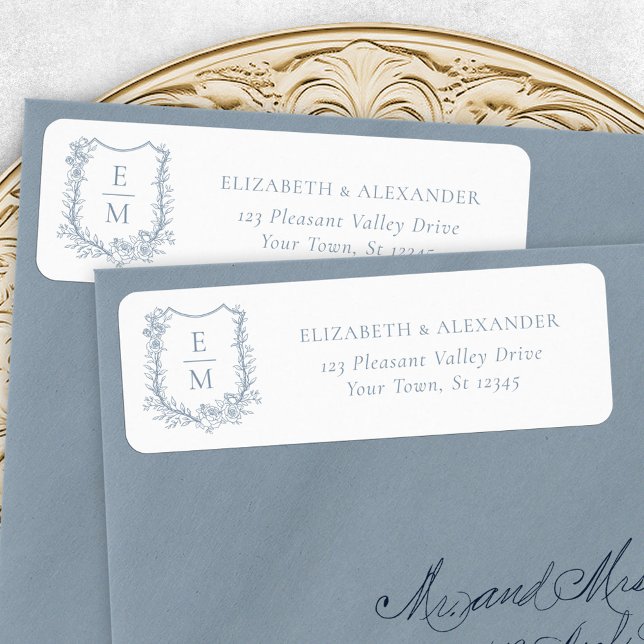 Floral Wedding Crest Dusty Blue Return Address (Creator Uploaded)